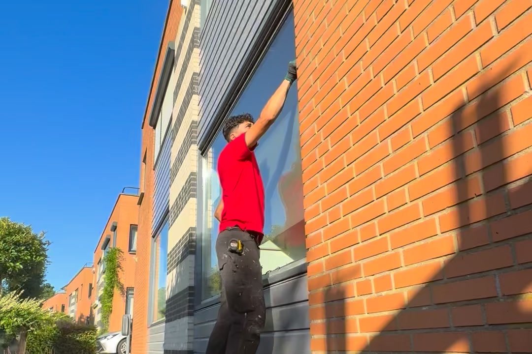 Glaszetter plaatst nieuw glas in het raam van een woning