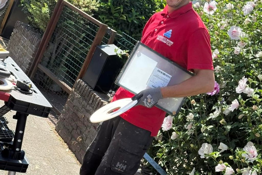 Monteur draagt een ruit naar de voordeur van een woning